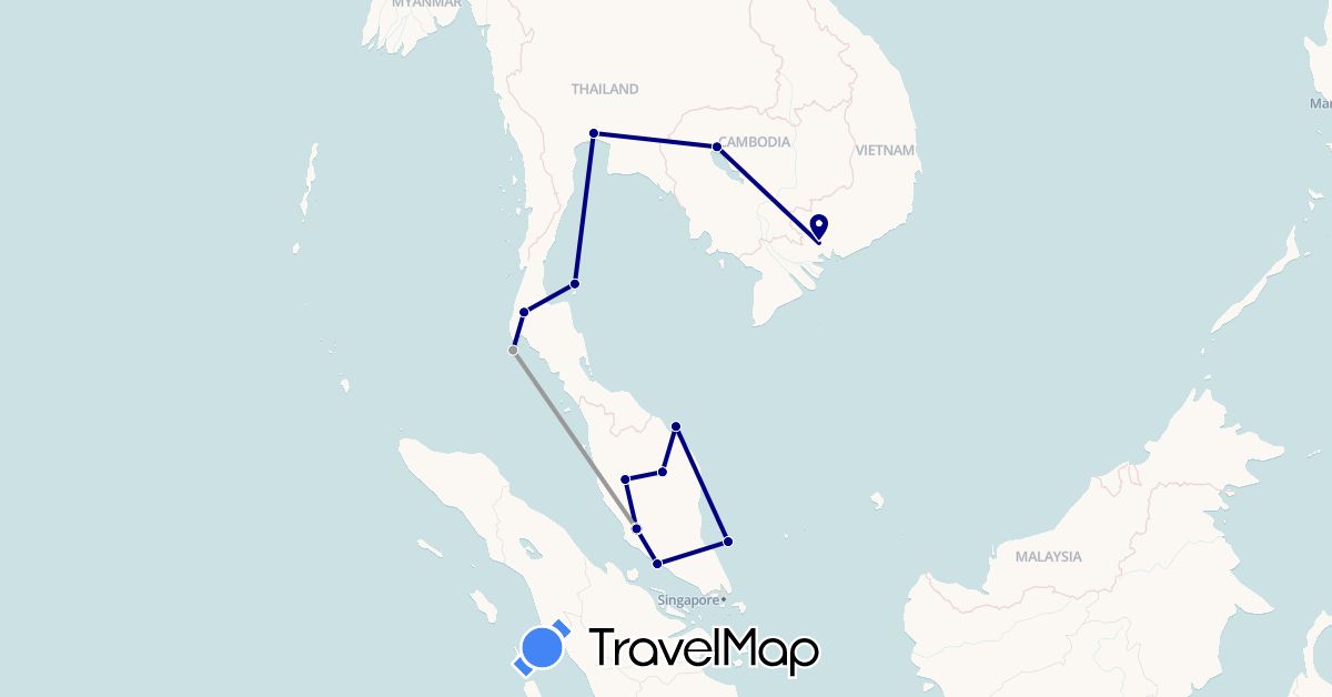 TravelMap itinerary: driving, bus, plane in Cambodia, Malaysia, Thailand, Vietnam (Asia)